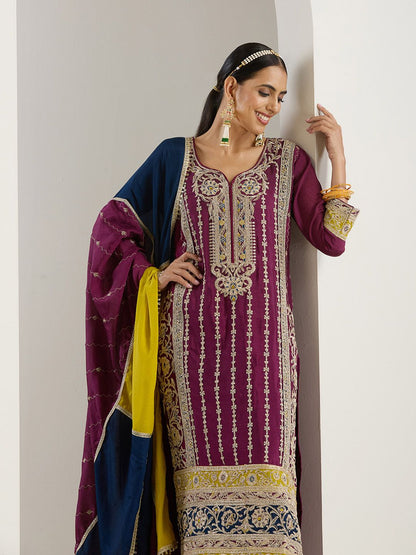 Dhiyona IS Women's Purple Ethnic Motifs Embroidered Chinon Straight Kurta With Trousers & Dupatta