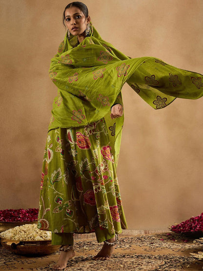 Dhiyona IE Floral Printed Empire Pure Cotton Anarkali Kurta With Trouser & Dupatta