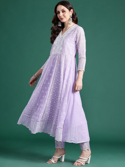 Floral Embroidered Thread Work Pure Cotton Kurta With Trousers & Dupatta