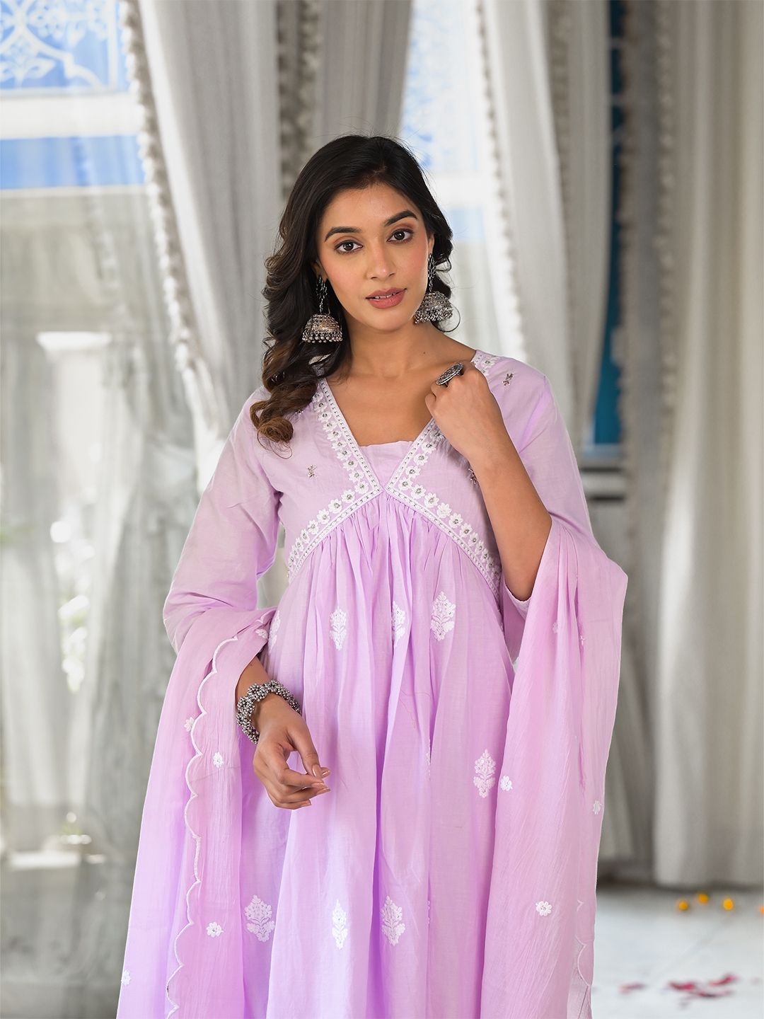 Dhiyona VA Women's Floral Embroidered Empire Thread Work Pure Cotton Kurta with Trousers & With Dupatta