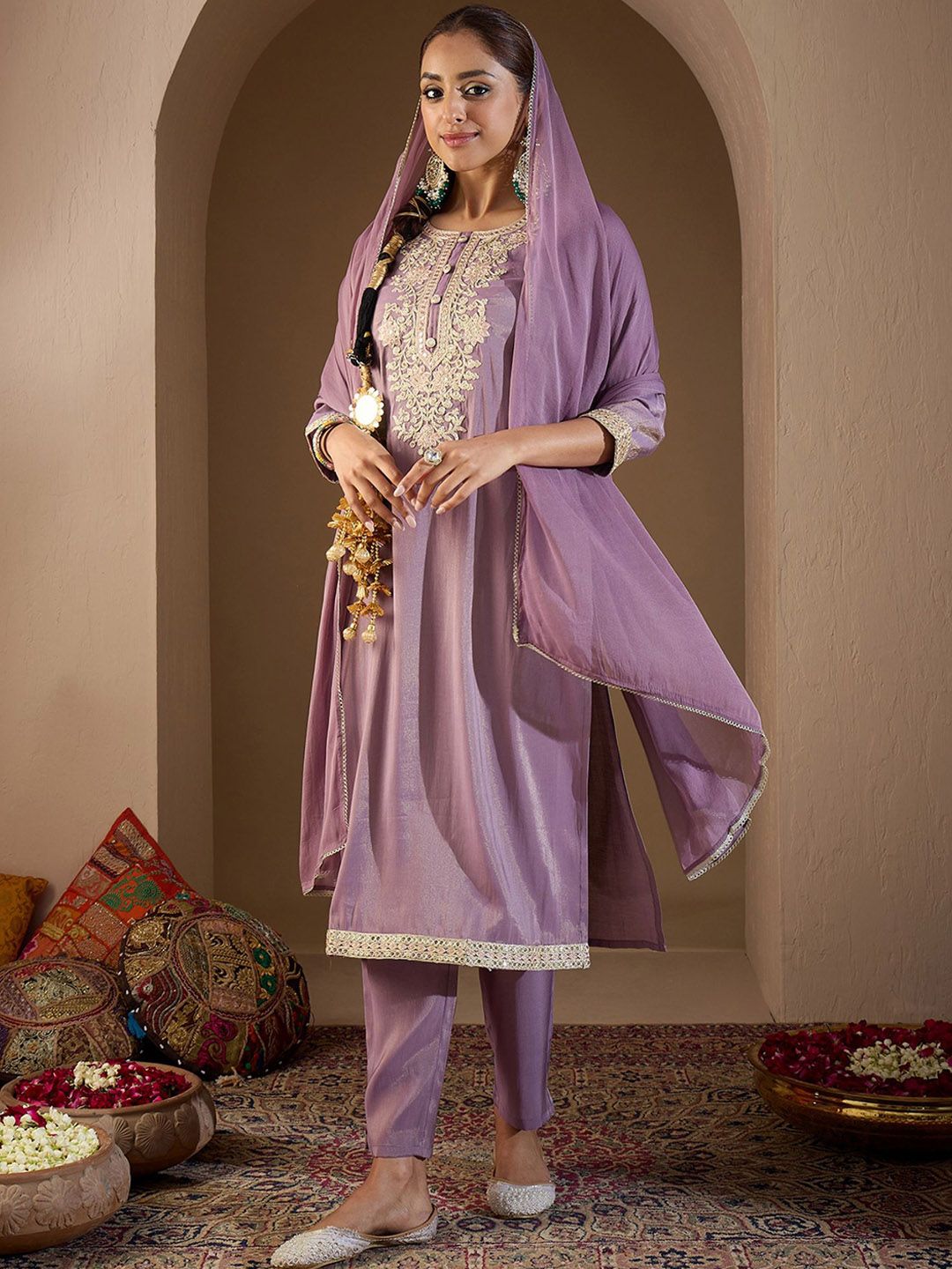 Women Ethnic Motifs Embroidered Regular Kurta with Trousers & With Dupatta