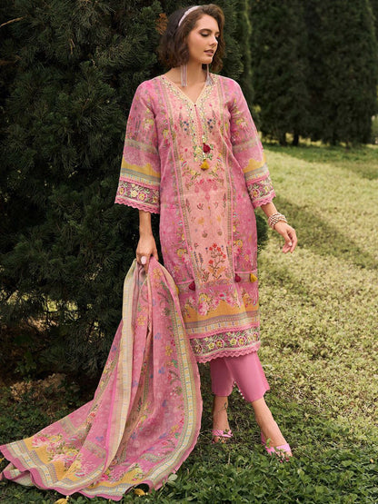 Dhiyona IE Floral Printed V-Neck Linen Kurta With Trousers And Dupatta