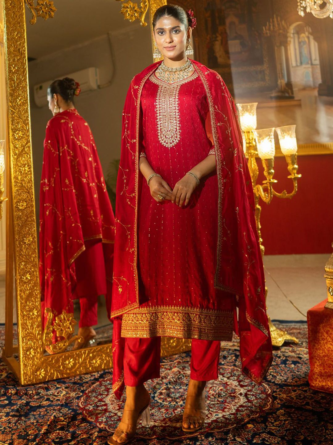 Dhiyona IE Women Ethnic Motifs Embroidered Regular Sequinned Kurta with Trousers & With Dupatta
