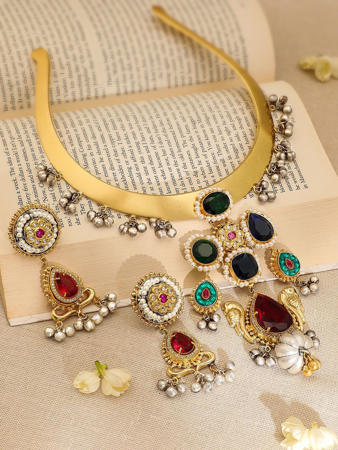 Dhiyona RJ Women's 22K Gold-Plated Ruby,Emerald & Blue Stone Studded Choker Set with Gold-Silver Beads