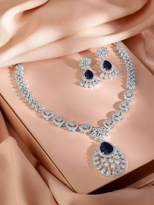 Dhiyona RJ Women's Rhodium-Plated Navy Blue AD & Cubic Zirconia Studded Necklace Set