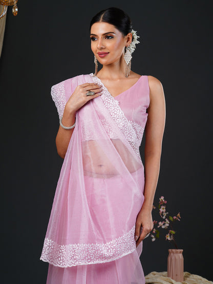 Women's Organza Pink Embroidered Designer Saree With Blouse Piece