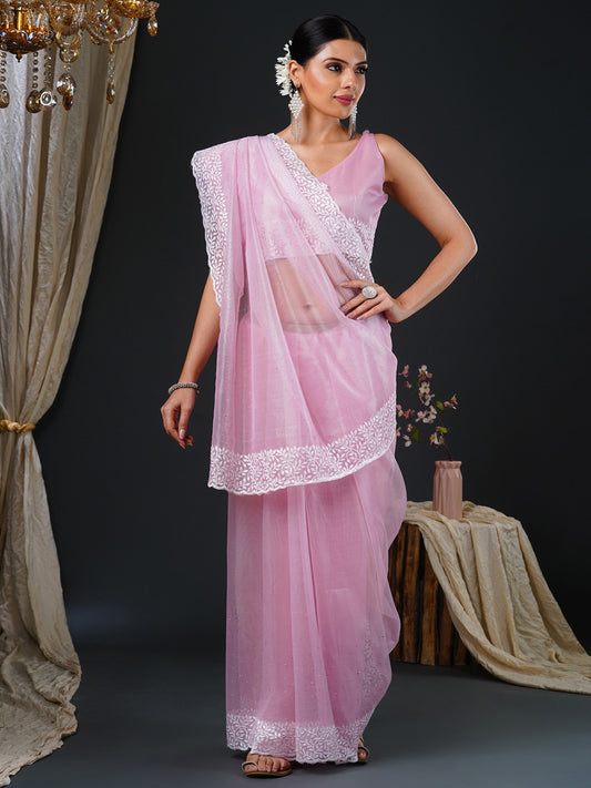 Women's Organza Pink Embroidered Designer Saree With Blouse Piece