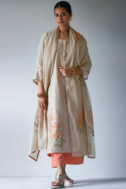 Women's Beige Woven Viscose Chanderi Kurta Suit Set With Delicate Hand Work Detailing and Embroidery Placket
