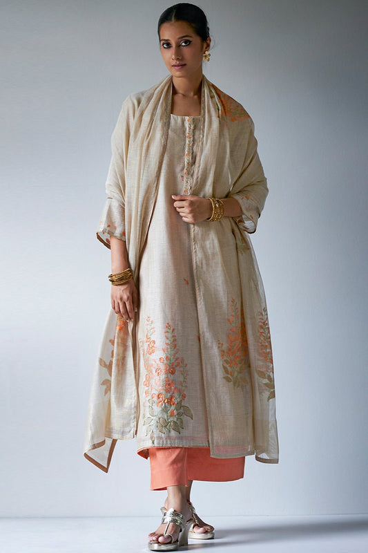 Women's Beige Woven Viscose Chanderi Kurta Suit Set With Delicate Hand Work Detailing and Embroidery Placket