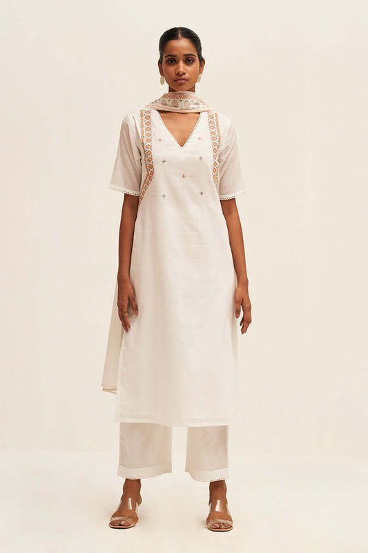 Women's White Embroidered Cotton Salwar Suit