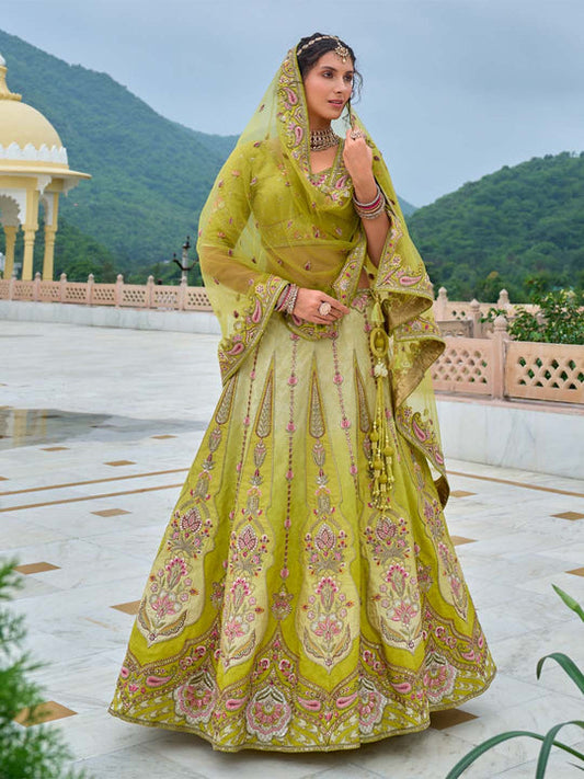 Women Sea Green Pure Chiffon Sequins and thread embroidery  Lehenga choli & Dupatta