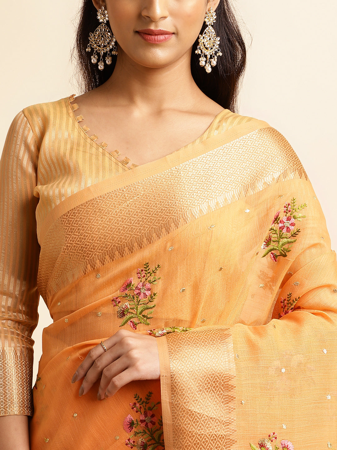 Dhiyona GR Women's Kashmira Peach Orange Cotton Silk Saree