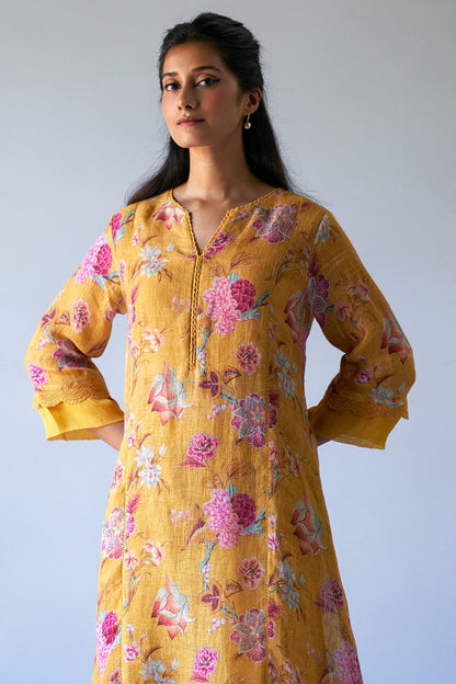 Women's Mustard Yellow Linen Chintz Printed Co-ord Set