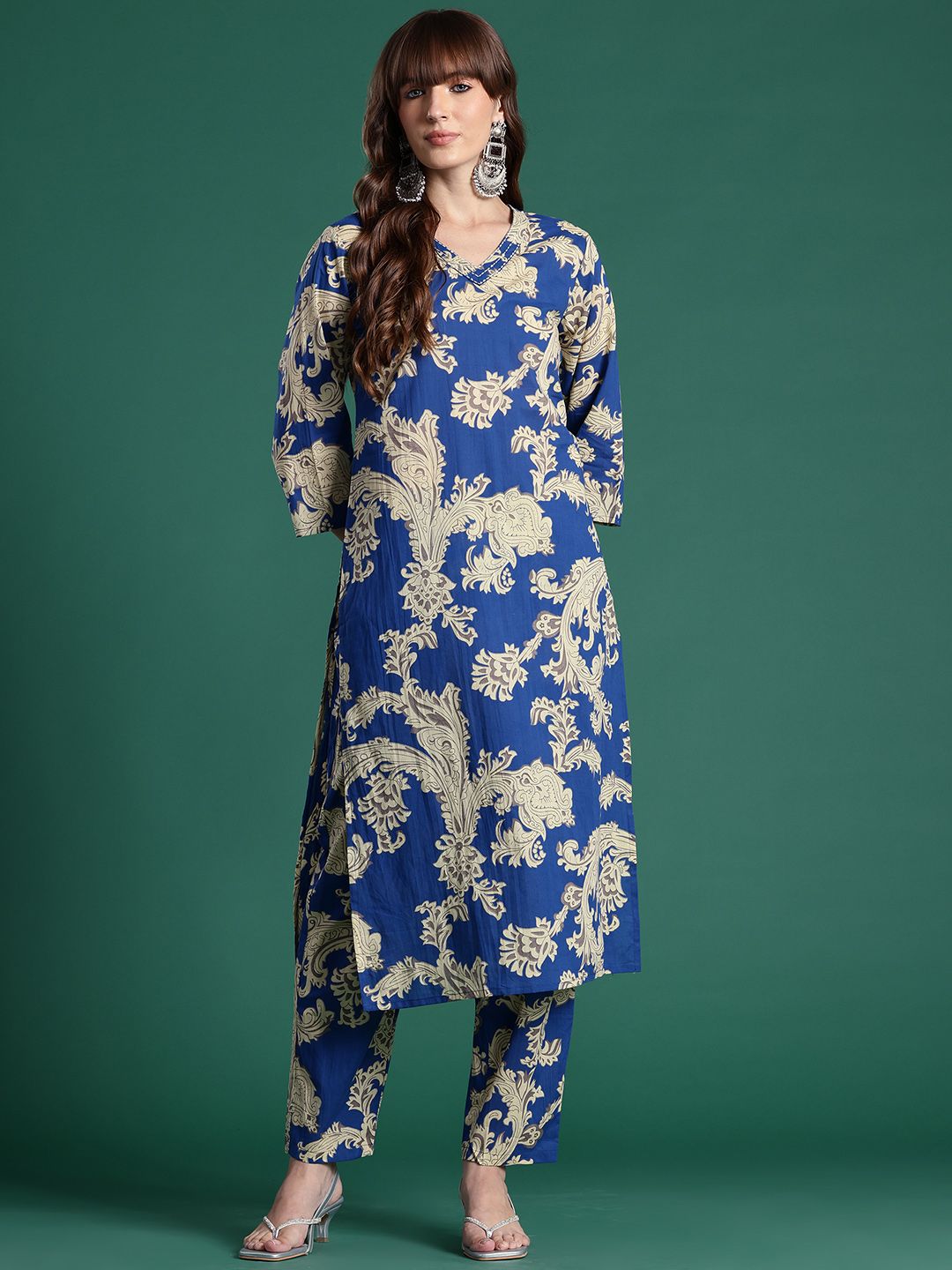 Floral Printed Pure Cotton Kurta with Trousers