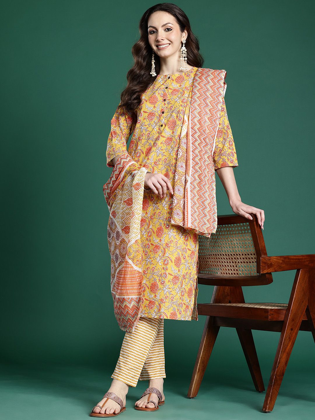 Dhiyona IE Floral Printed Pure Cotton Kurta with Trousers & With Dupatta