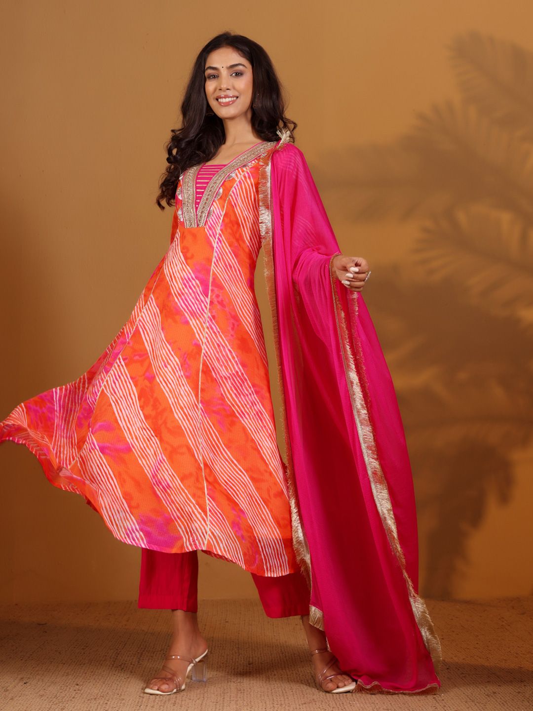 Dhiyona VA Women'sLeheriya Printed Gotta Patti V-Neck Anarkali Kurta With Trousers & Dupatta