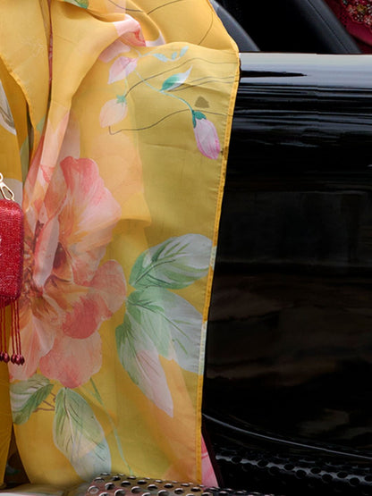 Floral Embroidered Thread Work Kurta With Trousers & Dupatta