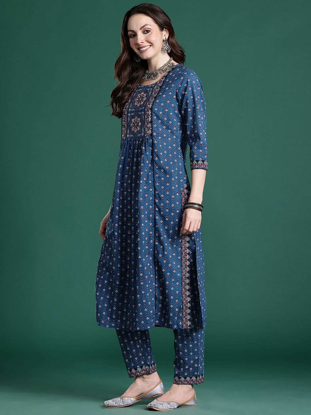 Dhiyona IE Ethnic Motifs Printed Mirror Work Pure Cotton Kurta with Trousers & With Dupatta