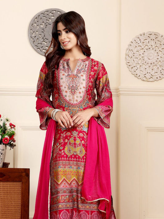 Dhiyona VA Women'sEthnic Motifs Printed Gotta Patti Chanderi Silk Kurta With Trousers And Dupatta