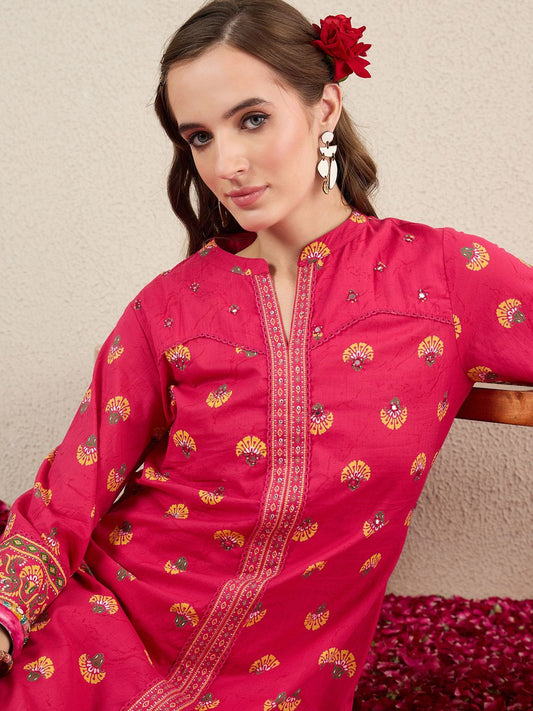 Dhiyona IE Women Ethnic Motifs Printed Cotton Kurta with Trousers
