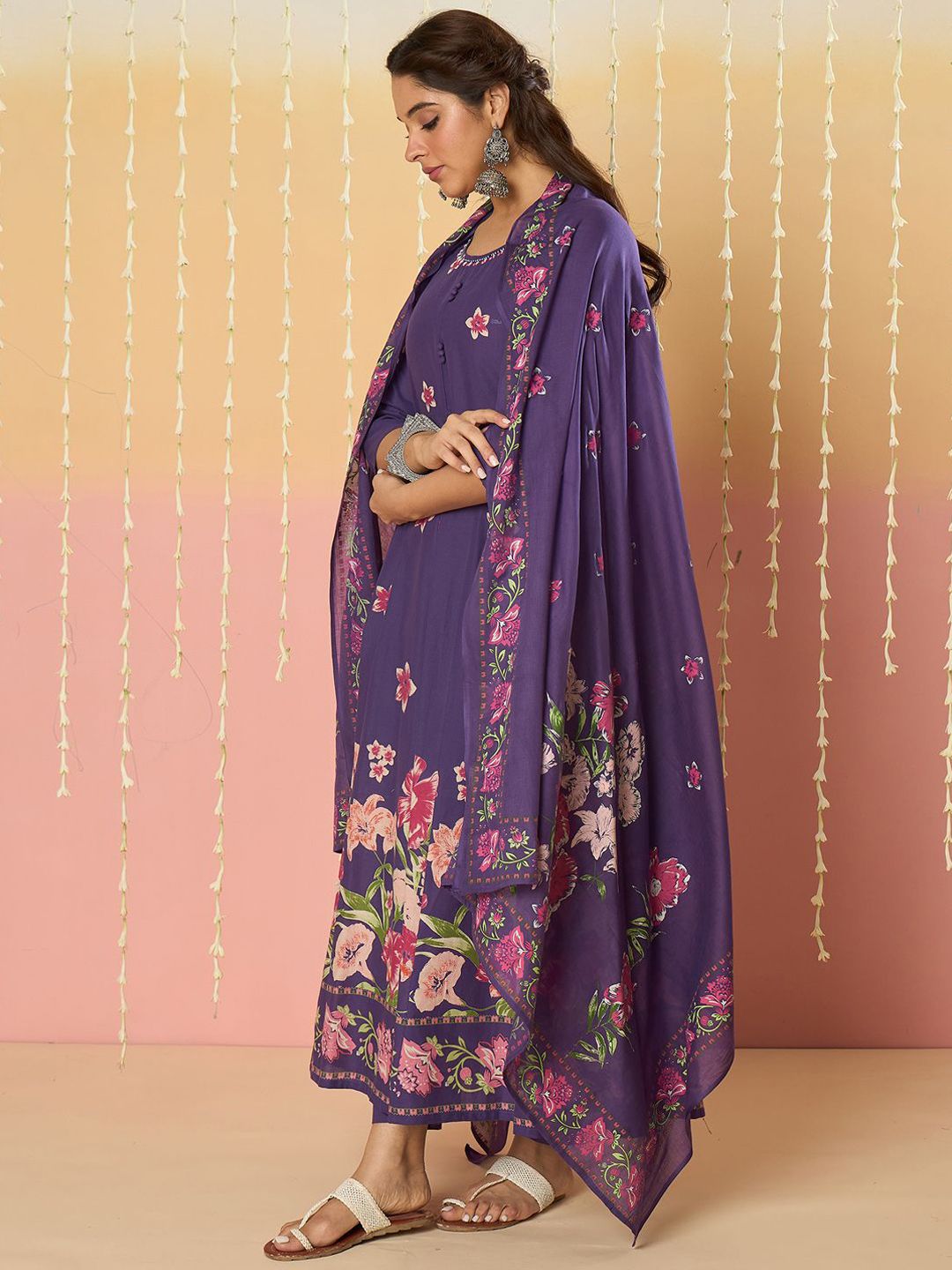 Floral Printed Round Neck Pure Cotton Anarkali With Trousers & Dupatta