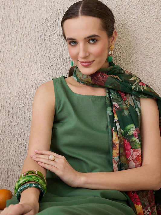 Dhiyona IE Floral Printed Round Neck Cotton Straight Kurta With Trousers & Dupatta