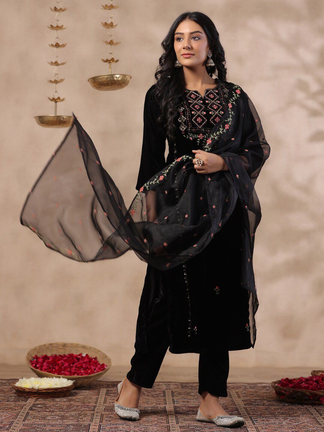 Dhiyona IS Women's Ethnic Motifs Thread Work Notch Neck Velvet Yoke Design Kurta With Trouser & Dupatta