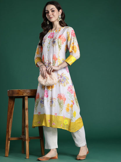 Floral Printed Pleated Pure Cotton A-Line Kurta with Trousers