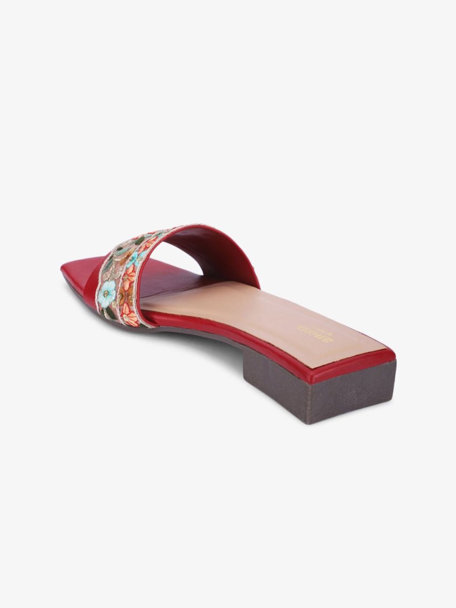 Dhiyona AK Red & Green Ethnic Embroidered Open Toe Flats