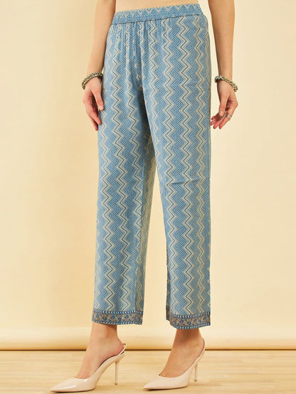 Dhiyona SO Women's Ethnic Motifs Printed Regular Thread Work Kurta with Trousers