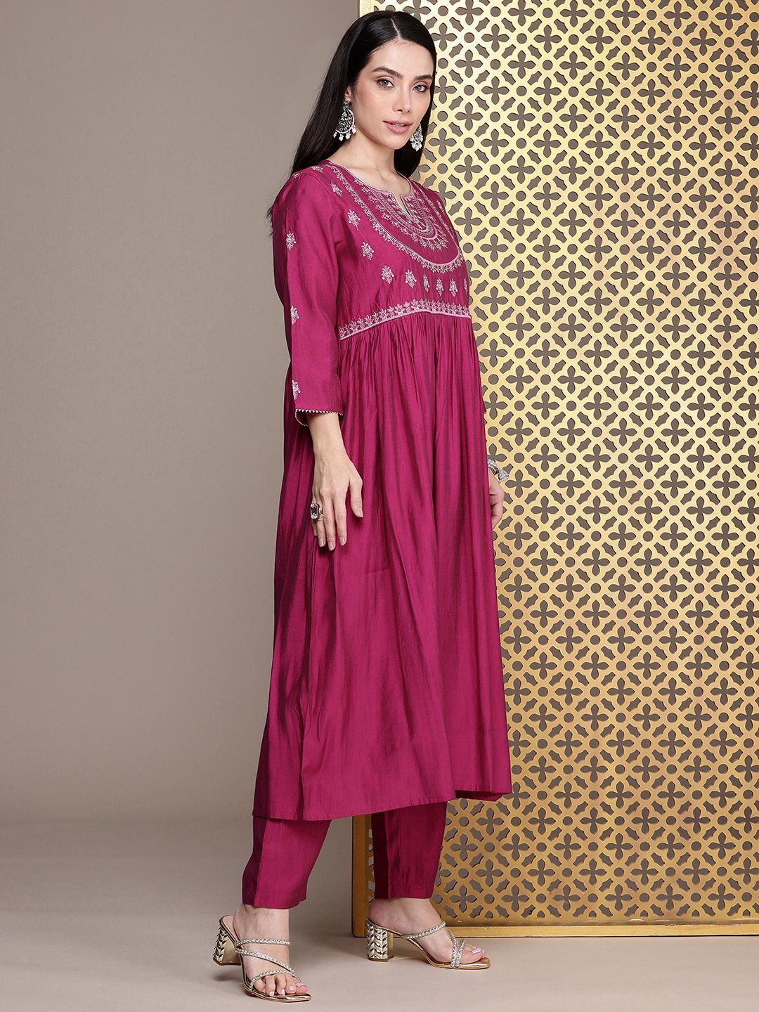 Dhiyona PD Women Jashn Yoke Design Zari Work A-Line Kurta With Trousers & Dupatta