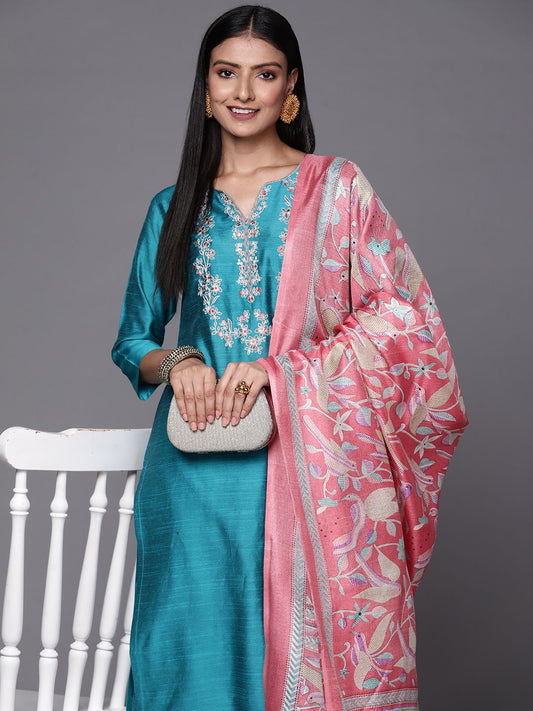 Dhiyona VA Women'sTurquoise Blue Thread Embroidered Yoke Kurta with Trouser with Printed Dupatta
