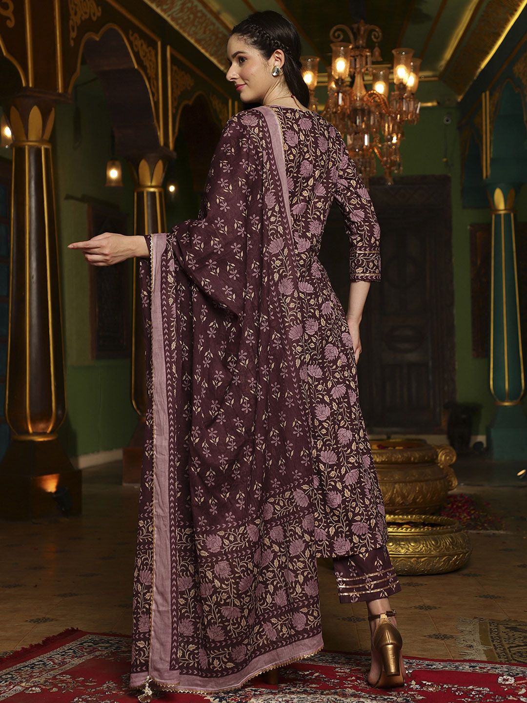 Dhiyona SN Women's Purple Floral Printed Pure Cotton Anarkali Kurta & Trouser With Dupatta
