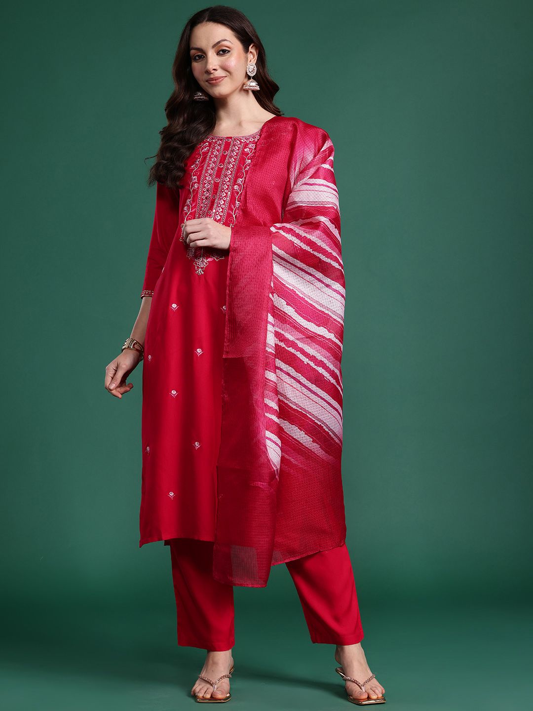 Floral Embroidered Regular Kurta with Trousers & Dupatta