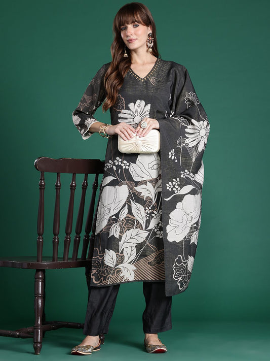 Floral Printed Regular Beads and Stones Kurta with Trousers & Dupatta