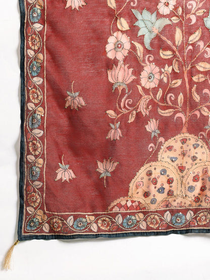 Dhiyona IE Ethnic Motifs Embroidered Thread Work Chanderi Silk Kurta With Trousers & Dupatta