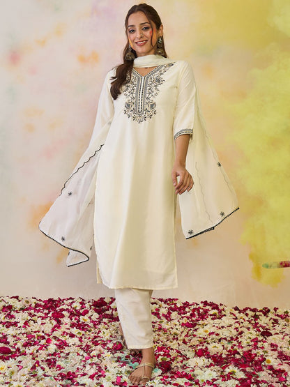 Women Ethnic Motifs Embroidered Regular Thread Work Kurta with Trousers & With Dupatta