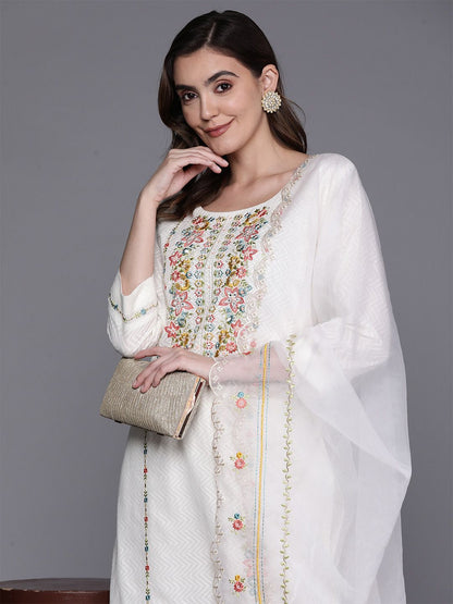 Dhiyona IE Women Embroidered Thread Work Pure Cotton Kurta with Trousers & With Dupatta