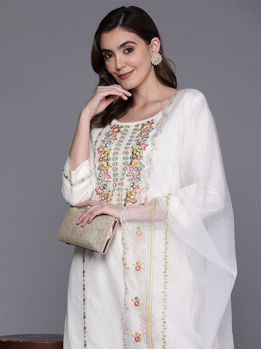 Dhiyona IE Women Embroidered Thread Work Pure Cotton Kurta with Trousers & With Dupatta