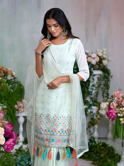 Dhiyona CH Floral Embroidered Sequinned Georgette Straight Kurta With Sharara & Dupatta