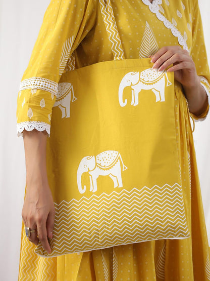 Dhiyona IS Women's Ethnic Motifs Printed Angrakha Thread Work Pure Cotton Kurta with Trousers & Dupatta