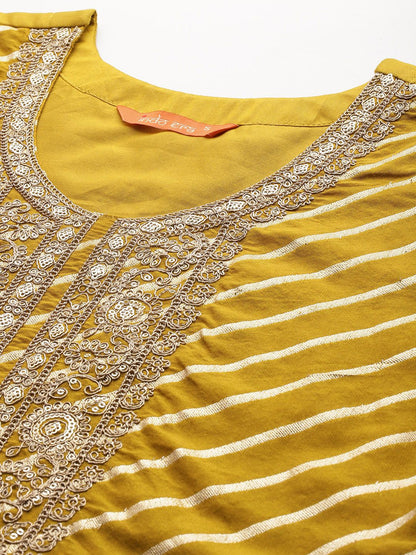 Dhiyona IE Women Leheriya Embroidered Sequinned Chanderi Silk Kurta With Trousers & Dupatta