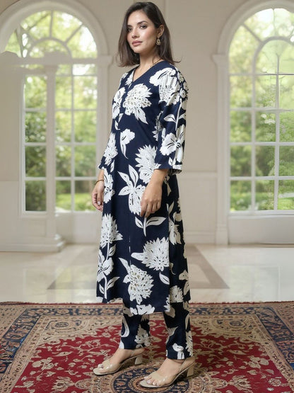 Floral Printed Screen Techinque Kurta With Trousers