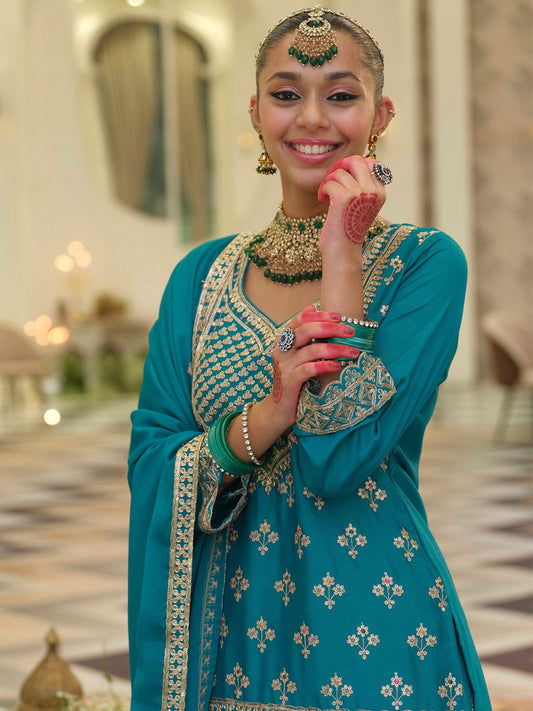 Dhiyona IE Women Ethnic Motifs Embroidered Kurta with Sharara & Dupatta