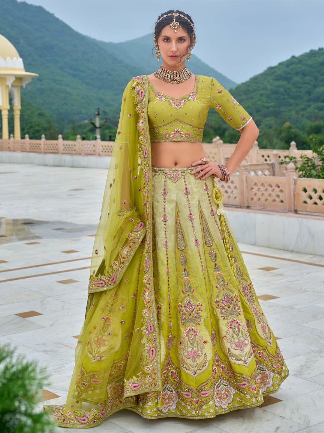 Women Sea Green Pure Chiffon Sequins and thread embroidery  Lehenga choli & Dupatta