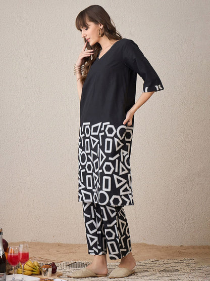 Dhiyona IE Geometric Printed V-Neck Pure Cotton A-Line Kurta With Palazzos