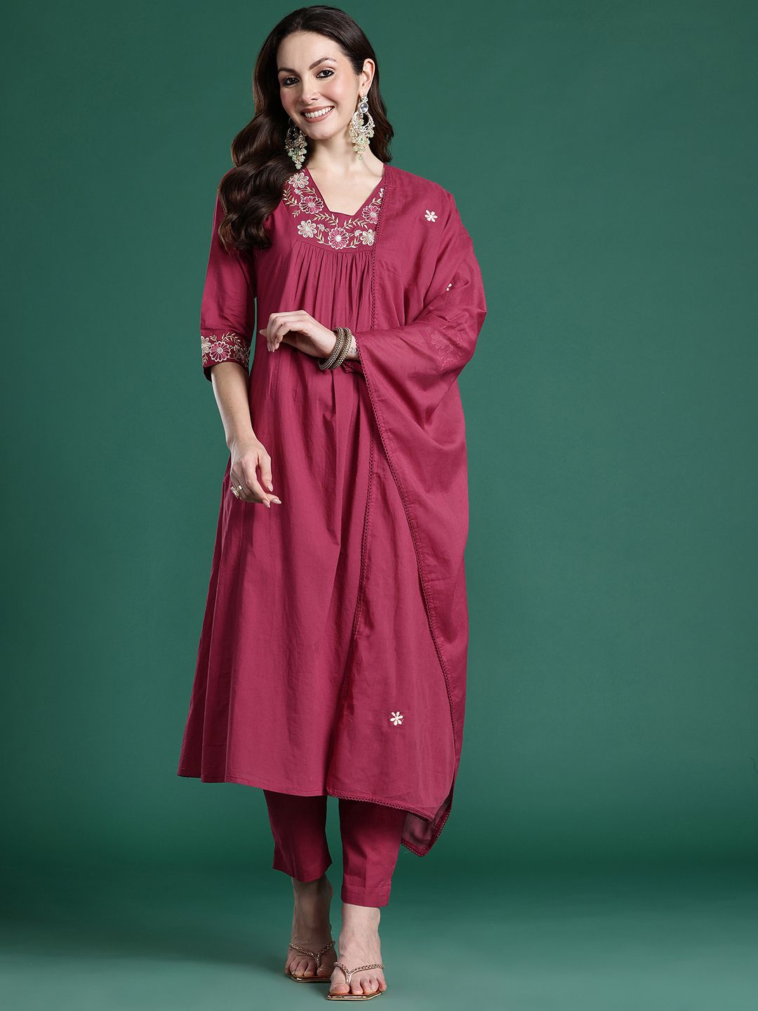 Floral Pleated Sequinned Pure Cotton Kurta with Trousers & With Dupatta