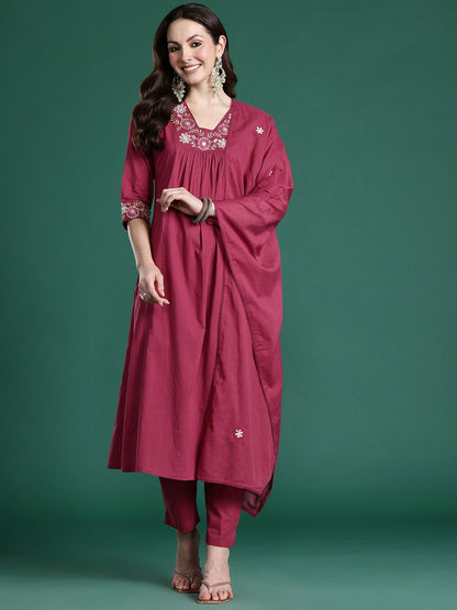 Floral Pleated Sequinned Pure Cotton Kurta with Trousers & With Dupatta