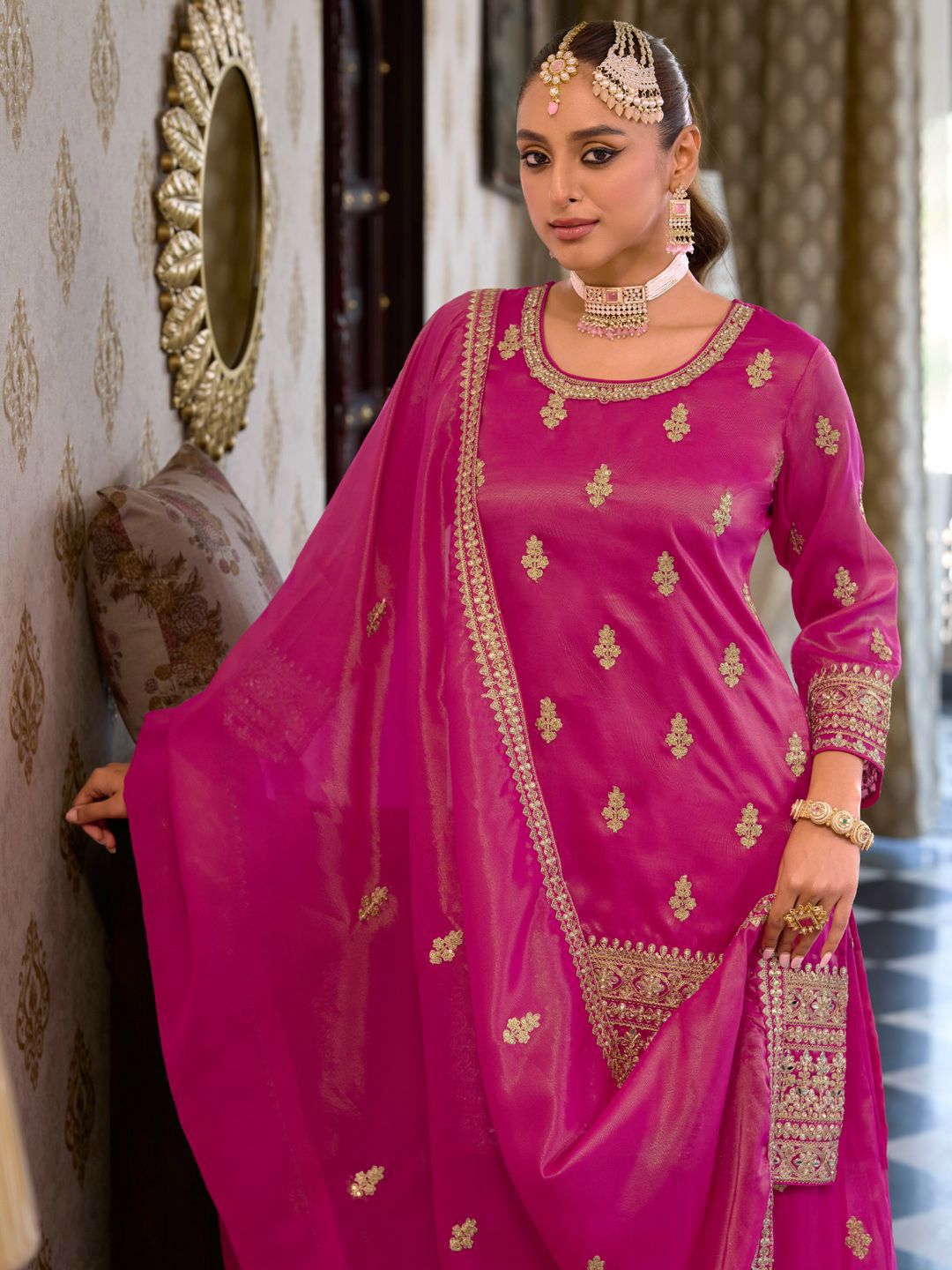 Women Ethnic Motifs Embroidered Mirror Work Kurta with Palazzos & With Dupatta