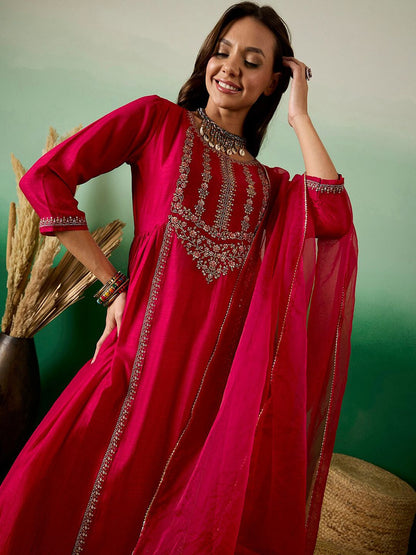 Dhiyona SN Women's Red Ethnic Embroidered Zari Sequined Pleated Straight Kurta With Trouser & Dupatta